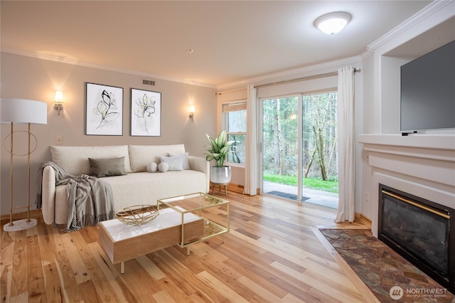 living area with a glass covered fireplace, visible vents, crown molding, and light wood finished floors