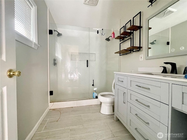 full bathroom with toilet, a shower stall, visible vents, and vanity