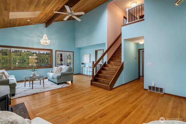 living room featuring visible vents, wood ceiling, stairs, and wood finished floors