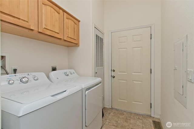 laundry room featuring cabinet space, electric panel, baseboards, visible vents, and washer and dryer