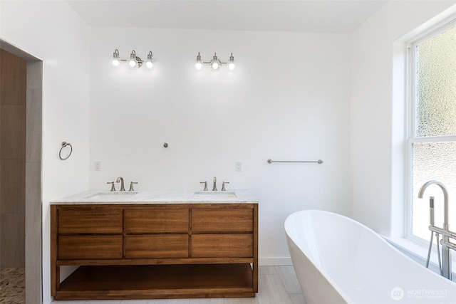 full bathroom featuring double vanity, a freestanding tub, and a sink