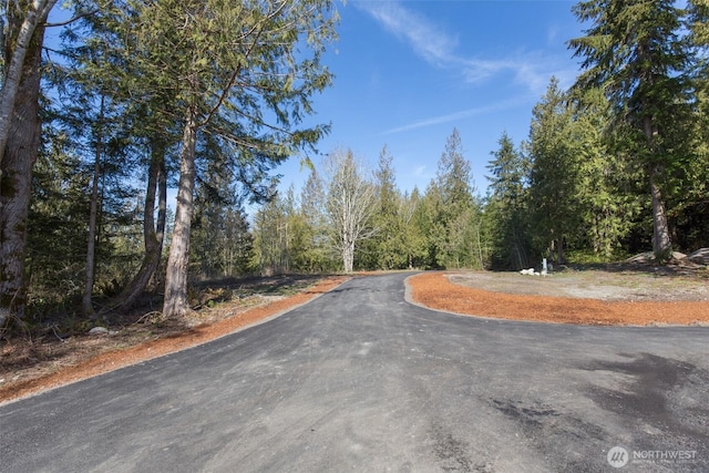 view of road featuring a forest view