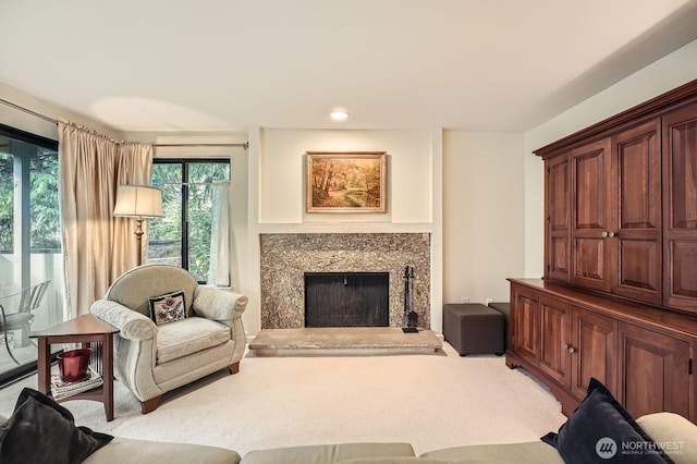 living room featuring carpet floors and a fireplace