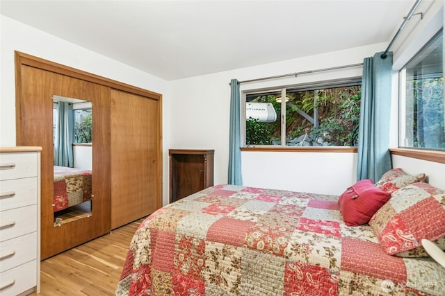 bedroom featuring a closet, multiple windows, and light wood-type flooring