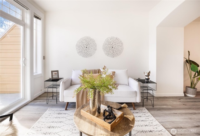 living area featuring baseboards and wood finished floors