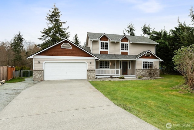 view of front facade featuring a porch, an attached garage, concrete driveway, a front lawn, and brick siding