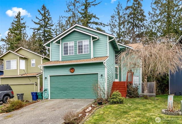 view of front facade with aphalt driveway, a front lawn, a garage, and roof with shingles