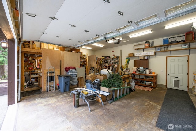 garage featuring a workshop area and a garage door opener