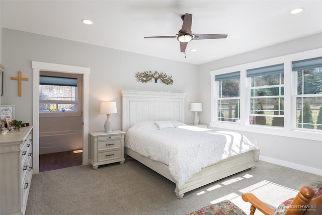 bedroom with light carpet, baseboards, a ceiling fan, and recessed lighting