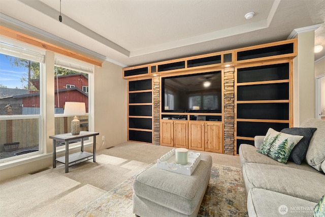 carpeted living room with visible vents, crown molding, a tray ceiling, and built in features