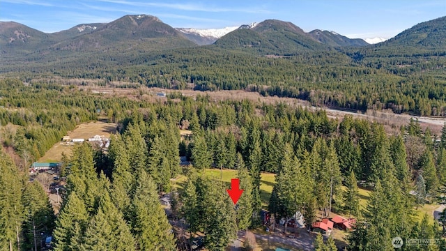 bird's eye view featuring a mountain view and a forest view