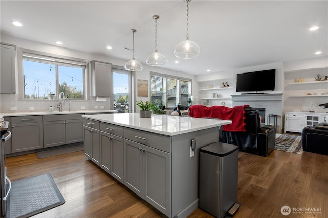 kitchen featuring a kitchen island, gray cabinets, wood finished floors, and light countertops