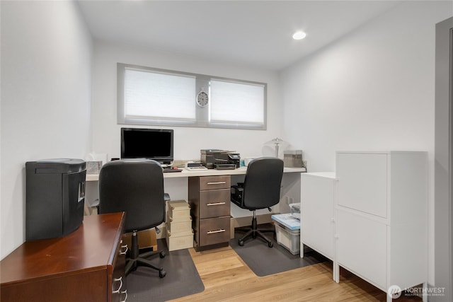 office area with recessed lighting and light wood finished floors