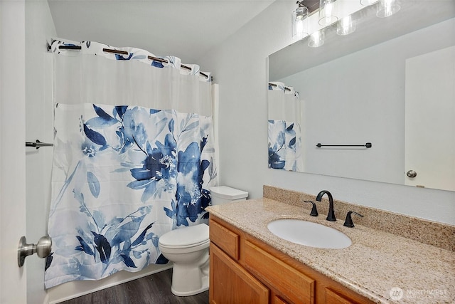 bathroom with vanity, wood finished floors, and toilet