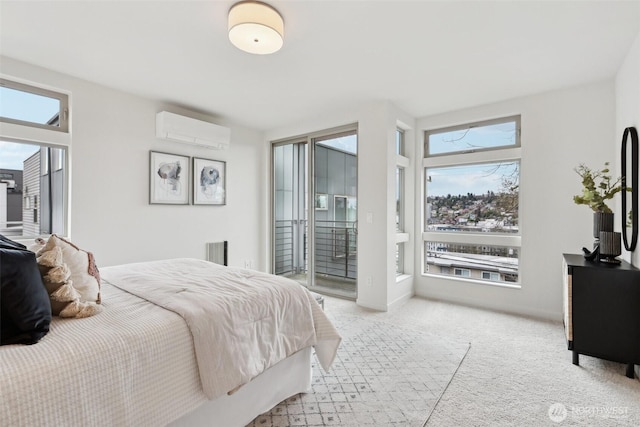 bedroom with access to exterior, multiple windows, an AC wall unit, and light colored carpet