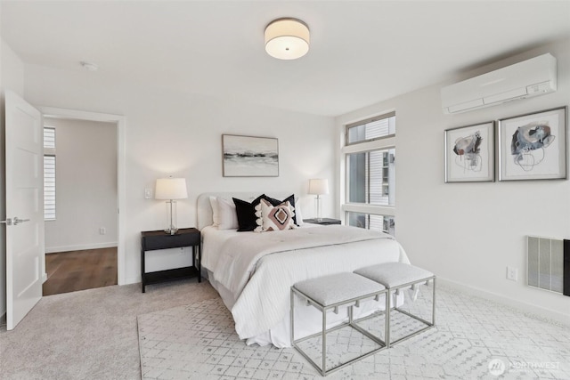 bedroom featuring visible vents, multiple windows, an AC wall unit, and carpet floors