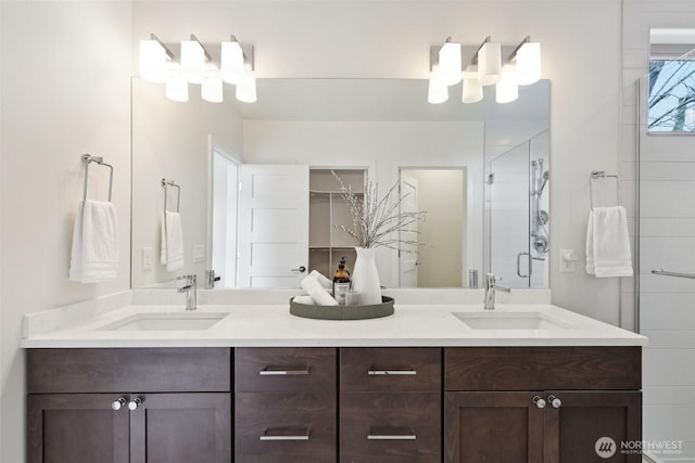 full bathroom with a sink, a walk in closet, a stall shower, and double vanity