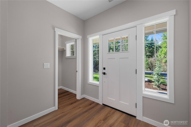 entryway featuring a healthy amount of sunlight, baseboards, and wood finished floors