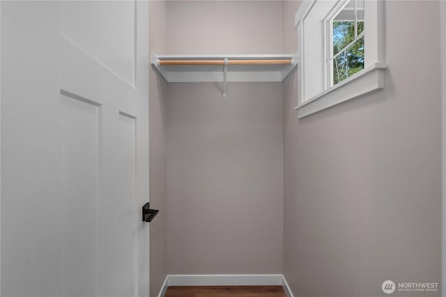 walk in closet with wood finished floors