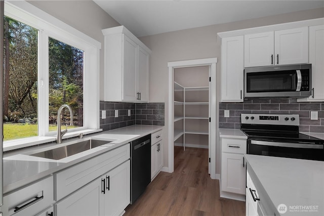 kitchen with white cabinets, a sink, stainless steel appliances, light countertops, and backsplash