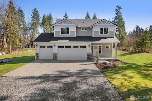 craftsman inspired home with concrete driveway, covered porch, a garage, stone siding, and a front lawn