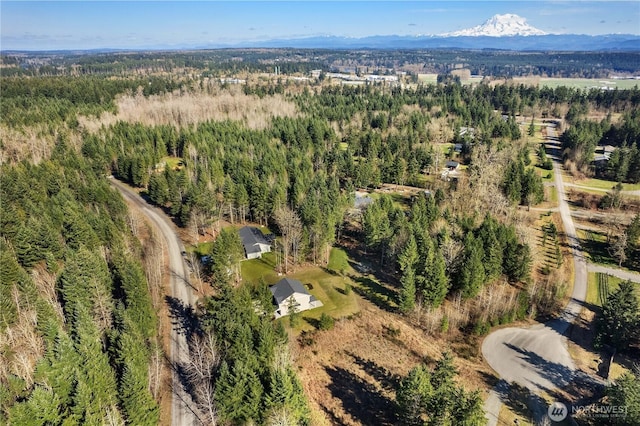 birds eye view of property with a forest view and a mountain view