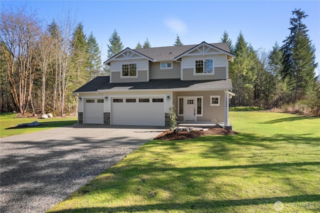 craftsman inspired home with a garage, stone siding, driveway, and a front lawn