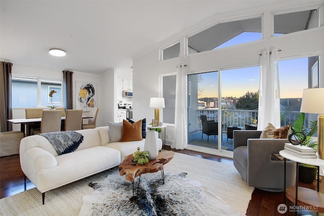 living area featuring vaulted ceiling and wood finished floors