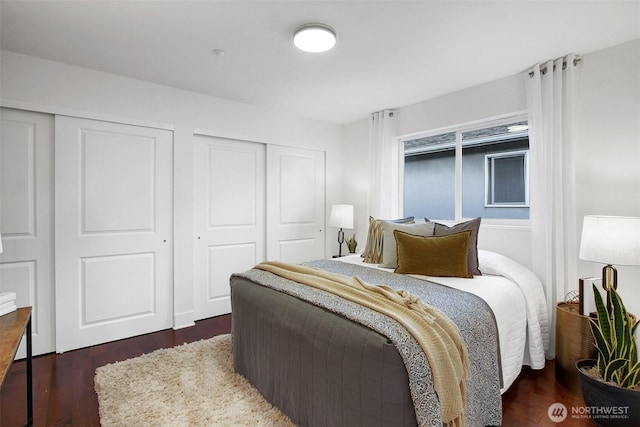 bedroom with wood finished floors and two closets