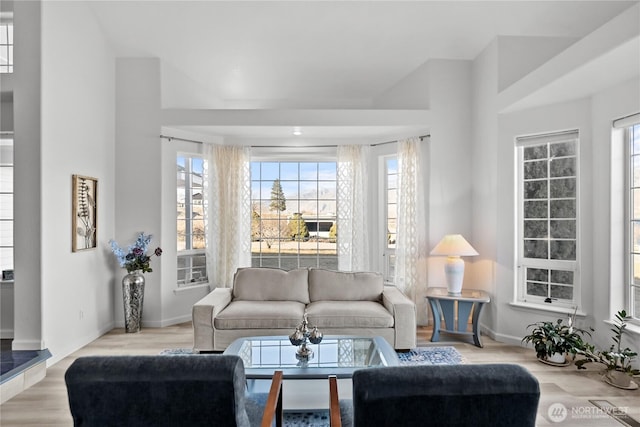 living room with baseboards, plenty of natural light, and wood finished floors