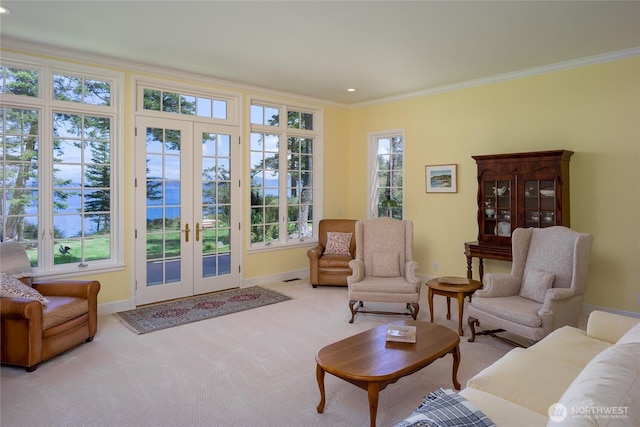 373 Eliza Rd, Lopez Island, WA 98261 - living area featuring french doors, crown molding, carpet floors, healthy amount of natural light, and recessed lighting