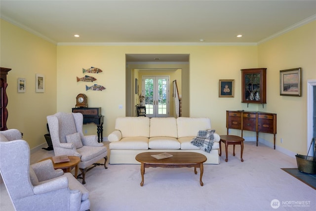 373 Eliza Rd, Lopez Island, WA 98261 - living area with crown molding, light colored carpet, recessed lighting, and french doors
