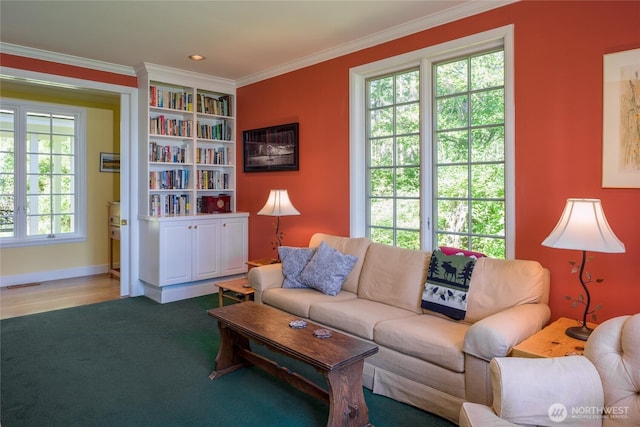 373 Eliza Rd, Lopez Island, WA 98261 - living room featuring ornamental molding, carpet flooring, and built in shelves