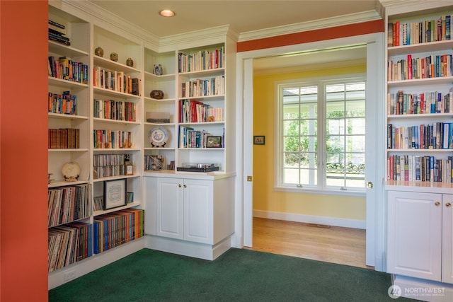 373 Eliza Rd, Lopez Island, WA 98261 - living area with crown molding, bookshelves, and carpet
