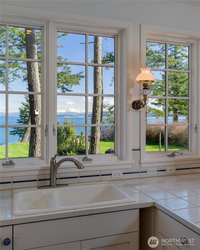 373 Eliza Rd, Lopez Island, WA 98261 - kitchen view of nearby water, light countertops, and white cabinetry
