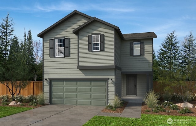 traditional-style house with a garage, fence, and concrete driveway