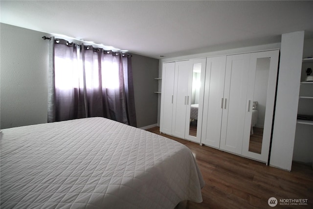 bedroom with dark wood-style floors and two closets