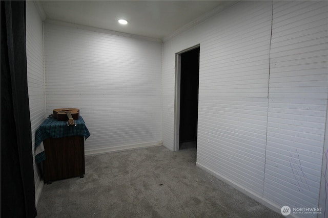 unfurnished room with ornamental molding, carpet flooring, and recessed lighting