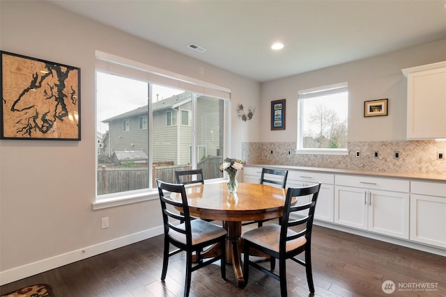 dining room featuring dark wood finished floors, visible vents, recessed lighting, and baseboards