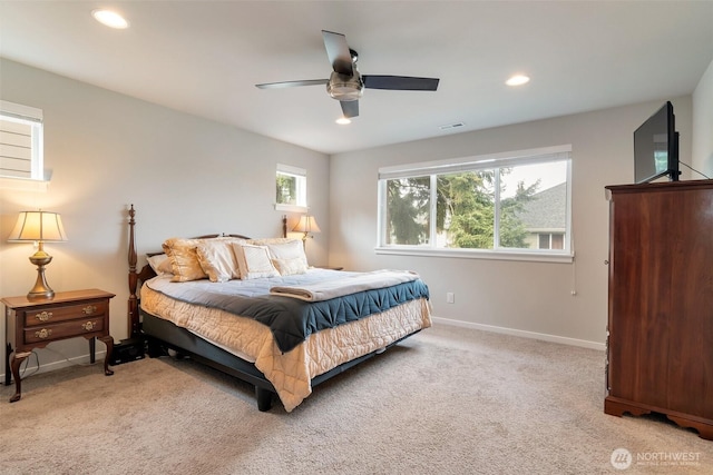 carpeted bedroom featuring visible vents, recessed lighting, baseboards, and ceiling fan