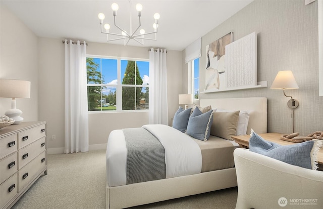 bedroom featuring light carpet, an inviting chandelier, baseboards, and wallpapered walls