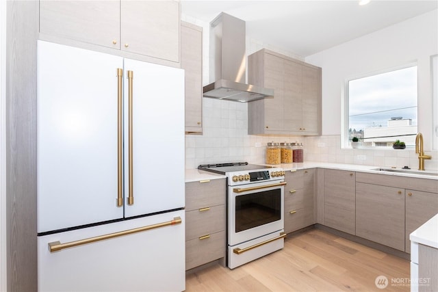 kitchen featuring white appliances, a sink, decorative backsplash, light wood-style floors, and wall chimney range hood