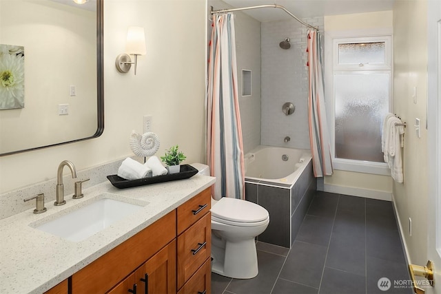 bathroom with tile patterned floors, shower / bathtub combination with curtain, toilet, baseboards, and vanity