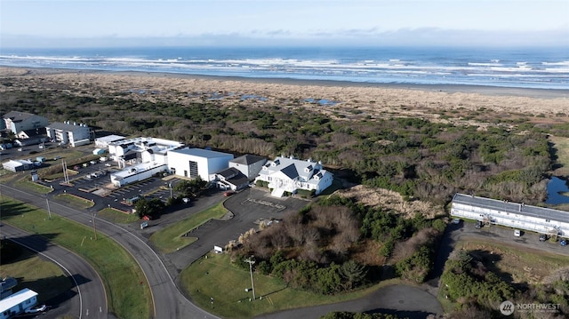 aerial view featuring a water view and a beach view