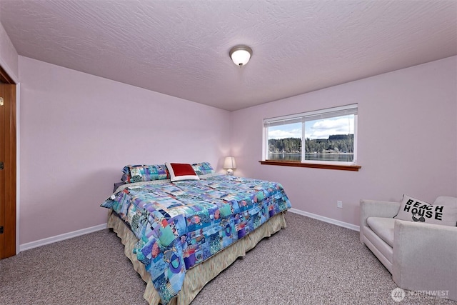 bedroom featuring carpet flooring, baseboards, and a textured ceiling