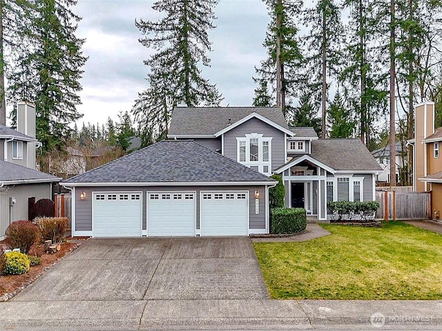 traditional home with a front lawn, driveway, fence, an attached garage, and a shingled roof