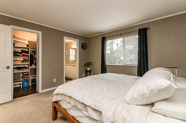 bedroom featuring ensuite bath, a spacious closet, a closet, light carpet, and crown molding