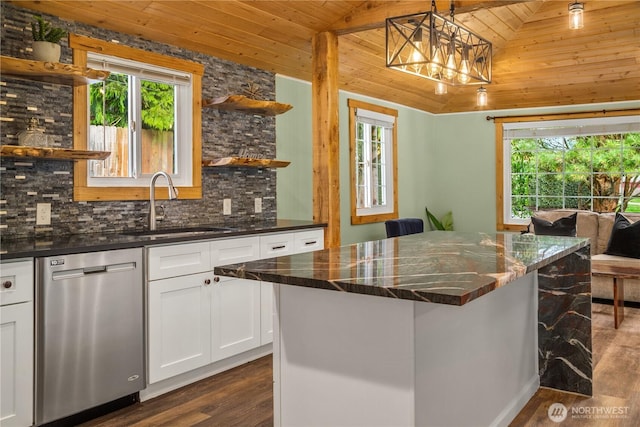 kitchen with open shelves, stainless steel dishwasher, wood ceiling, vaulted ceiling, and a sink