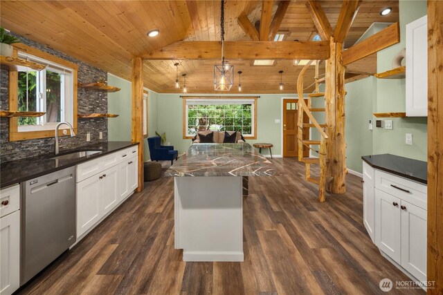 kitchen with vaulted ceiling with beams, a sink, wood ceiling, dishwasher, and open shelves