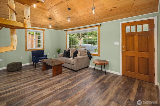 living area with vaulted ceiling, wooden ceiling, dark wood finished floors, and baseboards